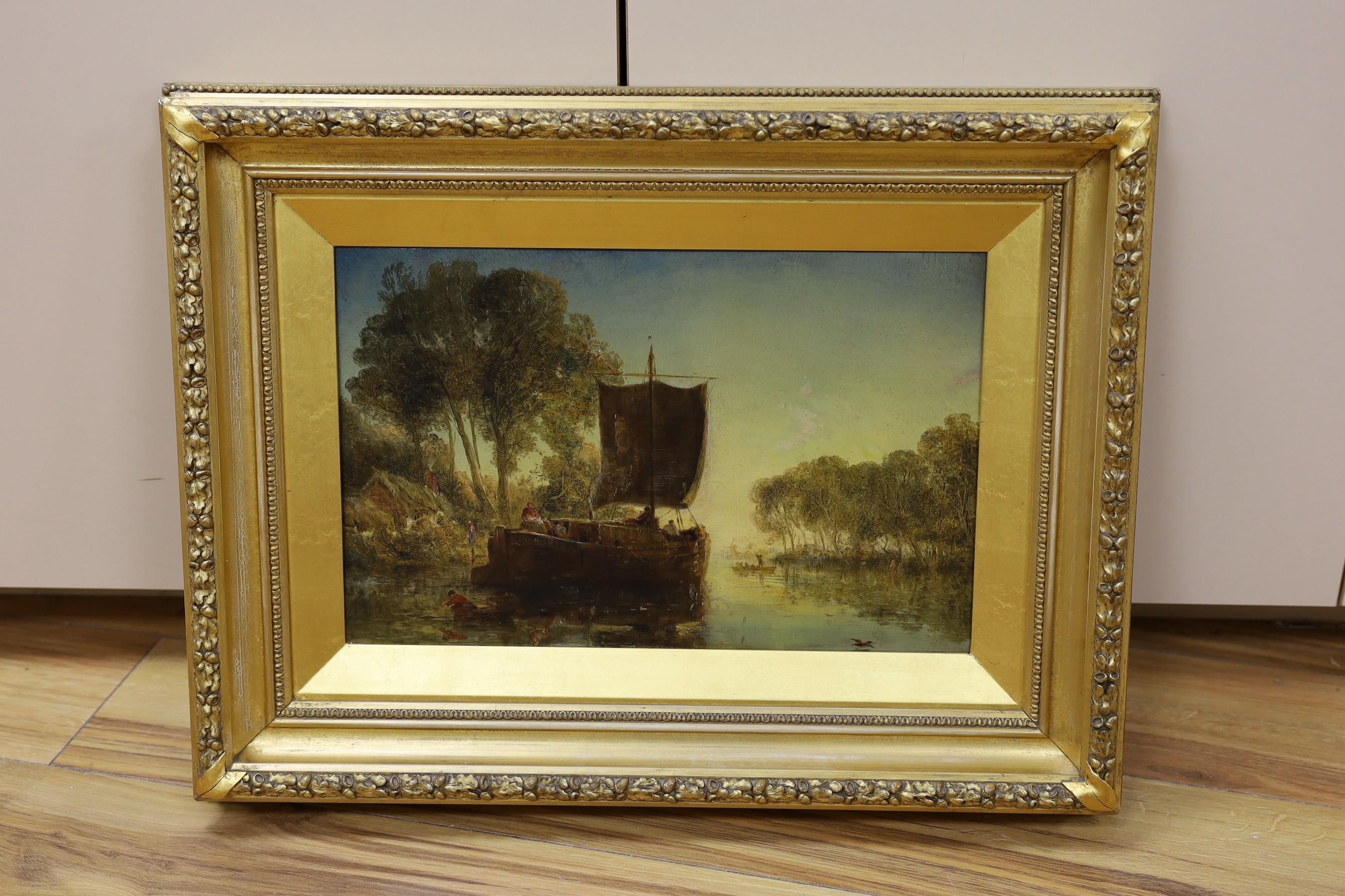 William Joseph Julius Caesar Bond (1833-1926), oil on wooden panel, River landscape with sail barge, signed on the bow of the boat, 26.5 x 41cm